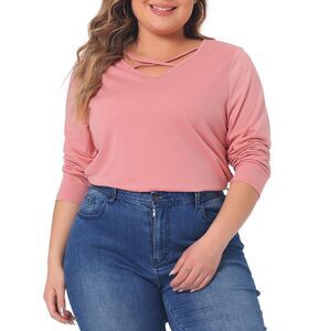 Plus Size Tops Tshirts Cross V Neck Casual Long Sleeves Top Pink